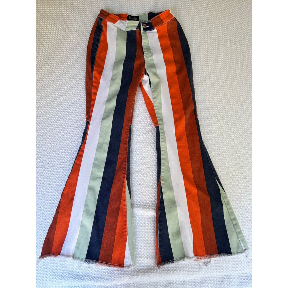 Striped Flare Pants in Orange, Navy & Cream